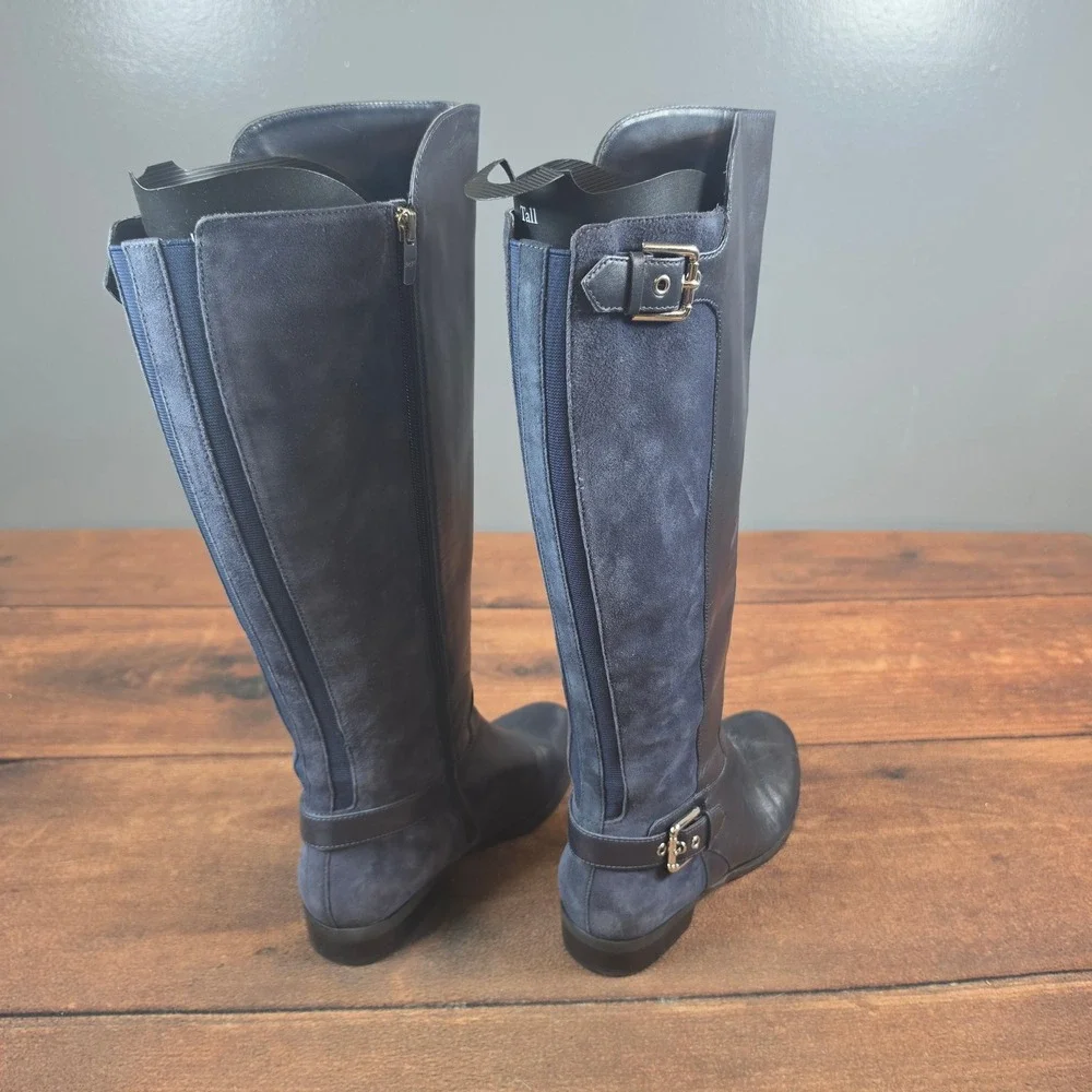 Marc Fisher Riding Boots Women 7W Navy Blue Good Leather Suede Wide Calf A281483